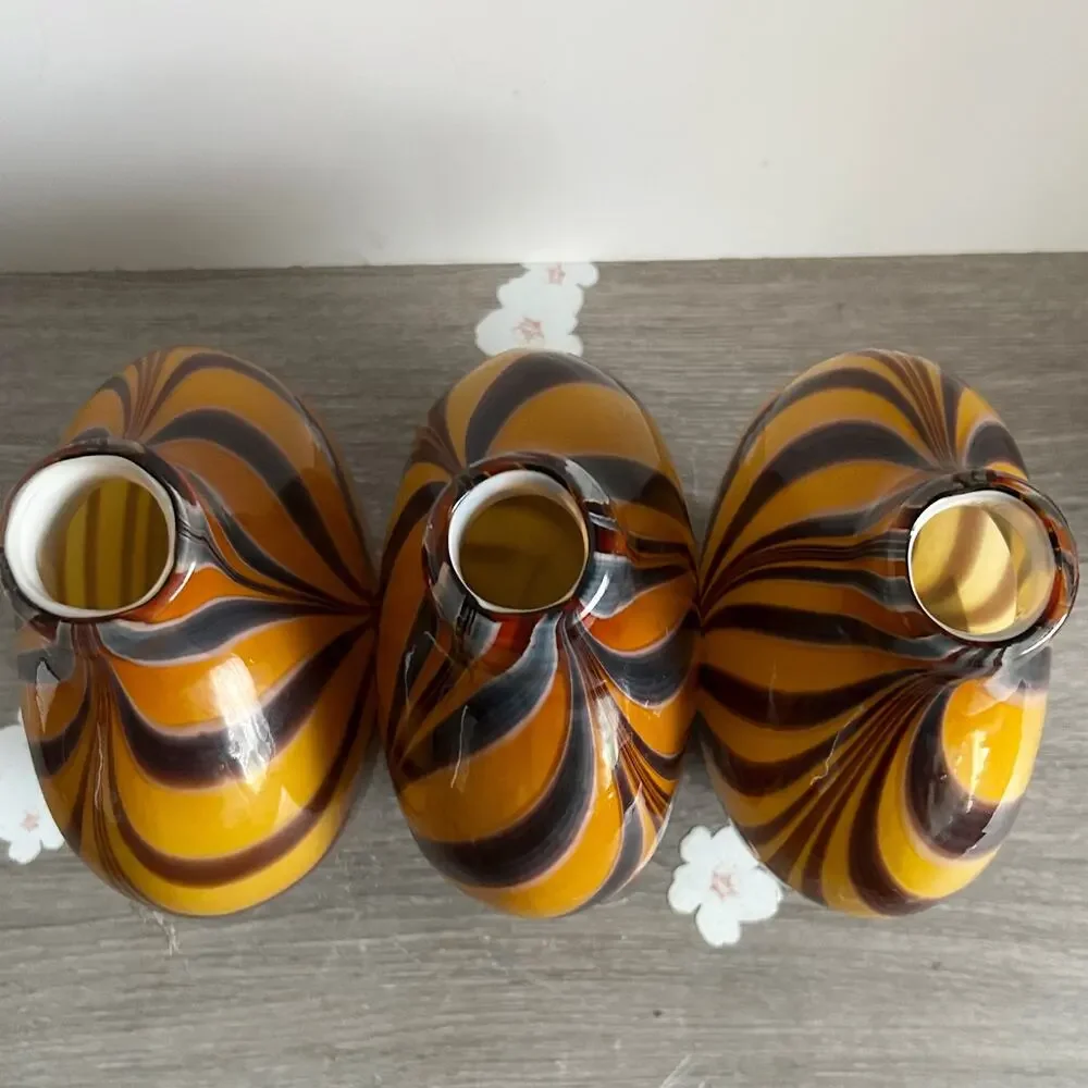 Vintage Murano Style Cased Tiger Strip / Pulled Feather Glass 8” Vase Set of 3